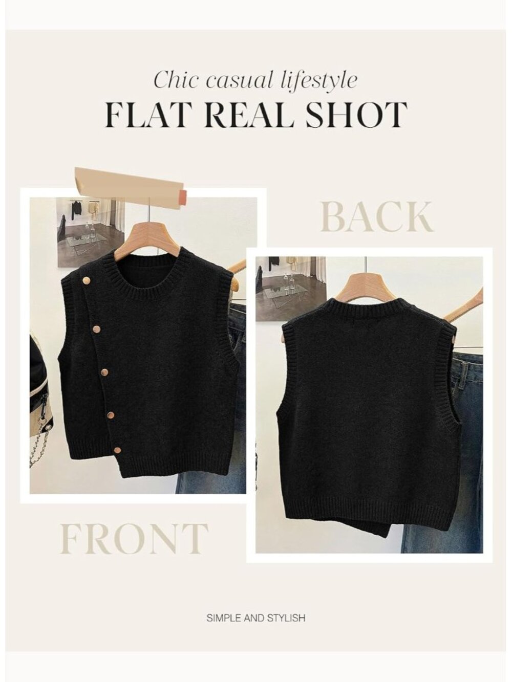 Women's Black Sleeveless Round Neck Casual Button Decoration Sweater Vest - Picture 6 of 6